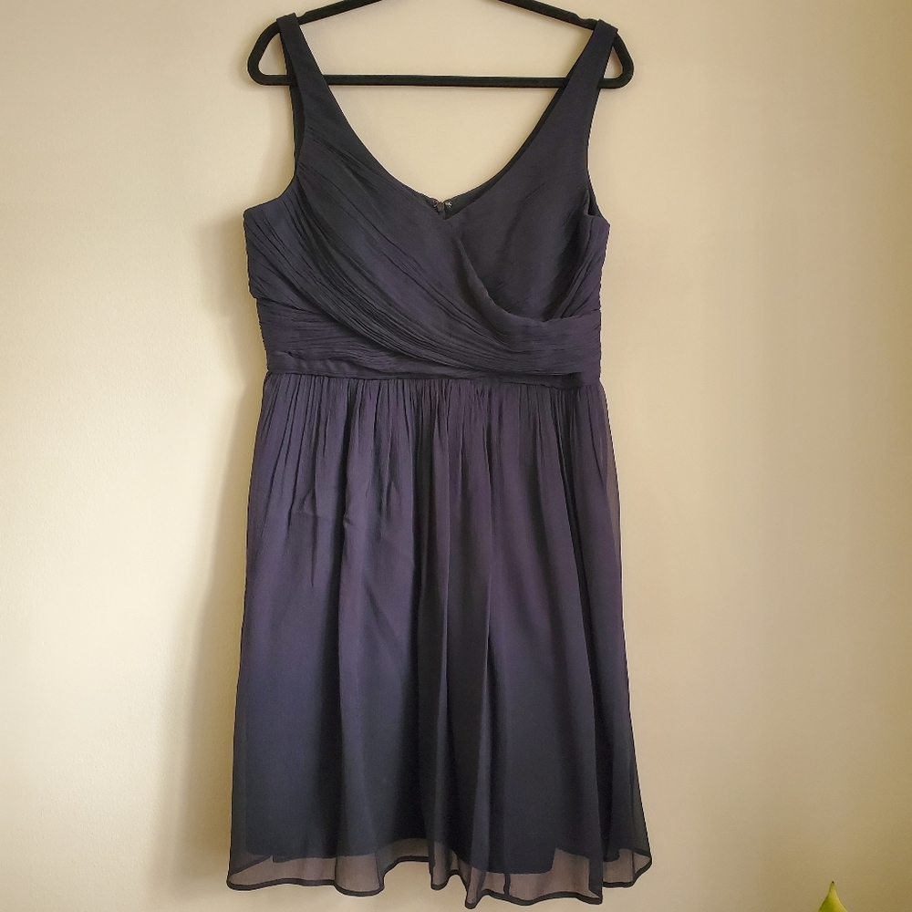 J Crew Heidi Dress Sz 14 Navy 100% Silk Chiffon A-line V Neck